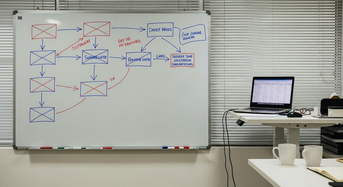 Whiteboard in Pune office with handwritten process flowchart — the diagnostic exercise in action