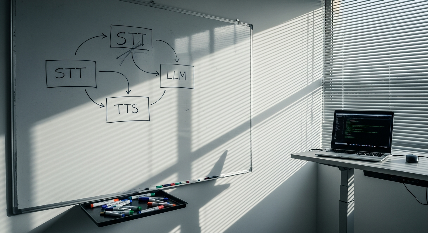 Whiteboard in a Bangalore startup war room with STT-LLM-TTS pipeline diagrams and a laptop showing terminal code