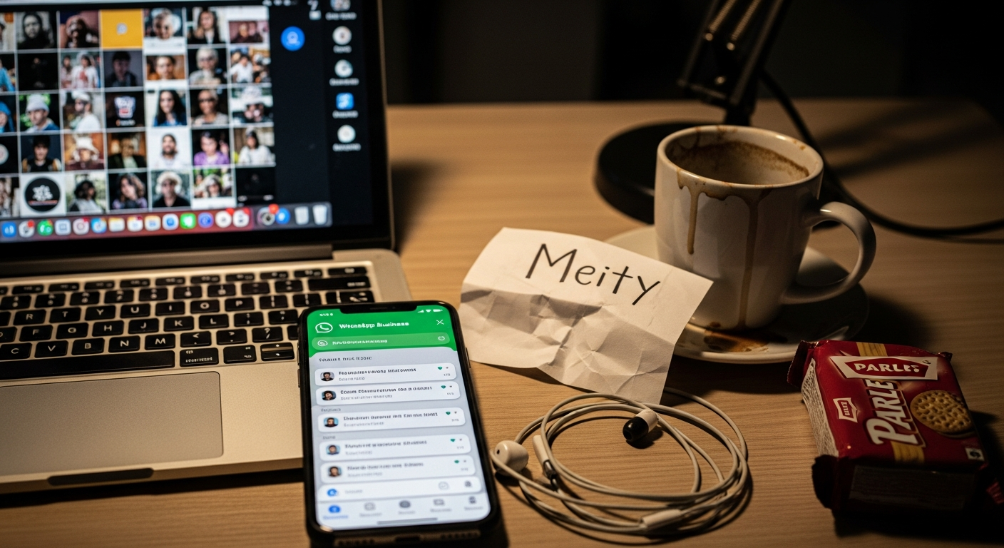 Social media manager's cluttered desk in a Bangalore co-working space with government notification and WhatsApp Business notifications