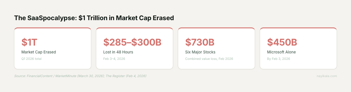 SaaSpocalypse stat cards: $1T erased, $285-300B in 48 hours, $730B six major stocks, $450B Microsoft alone